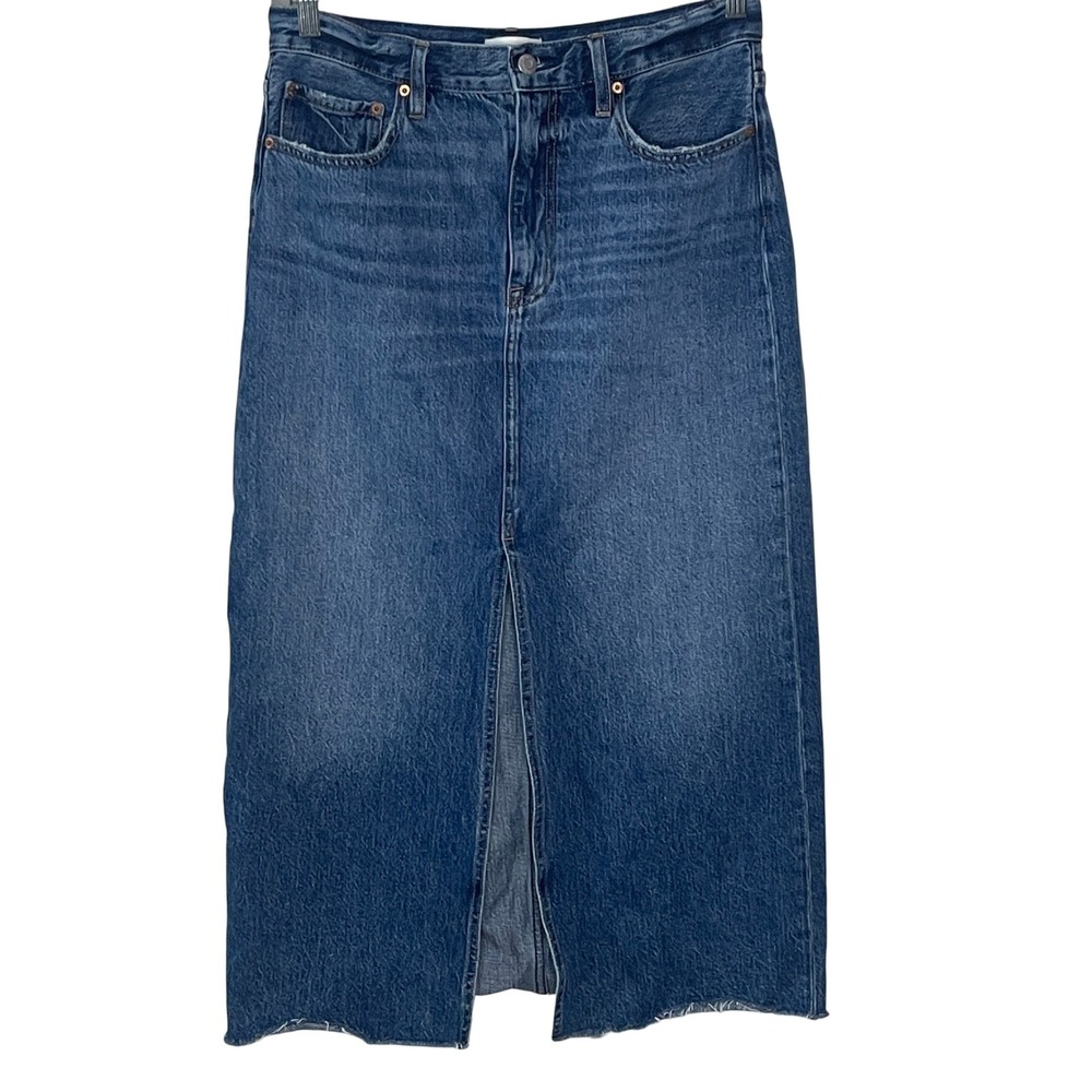 Pistola Womens High Rise Denim Midi Skirt Front Slit Raw Hem Blue Size 30